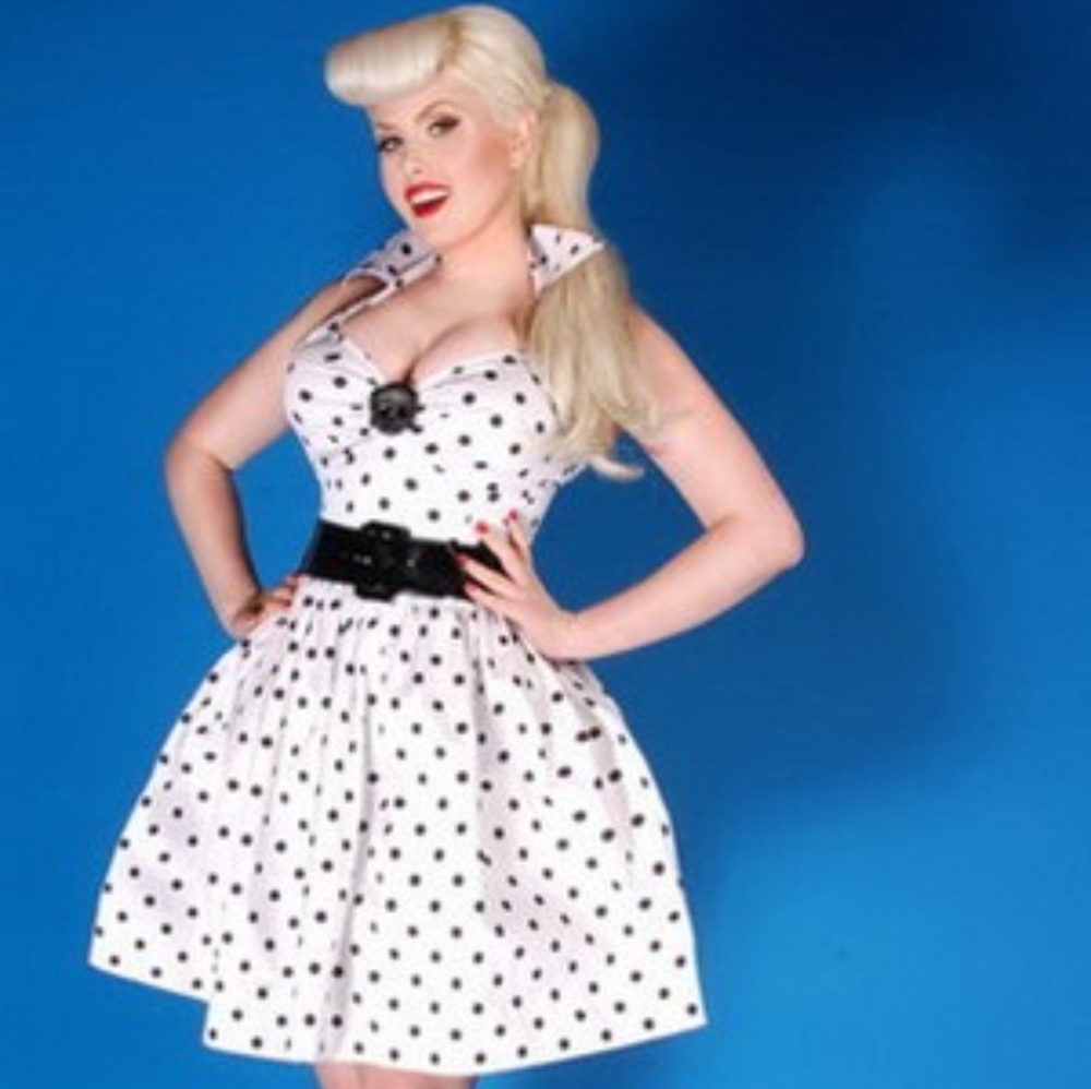 Deadly Dames polka dot black white babydoll pinup swing dress Skull Pin Large